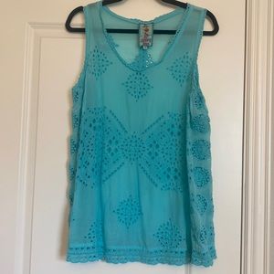 Johnny Was turquoise blue eyelet sleeveless top, Size M